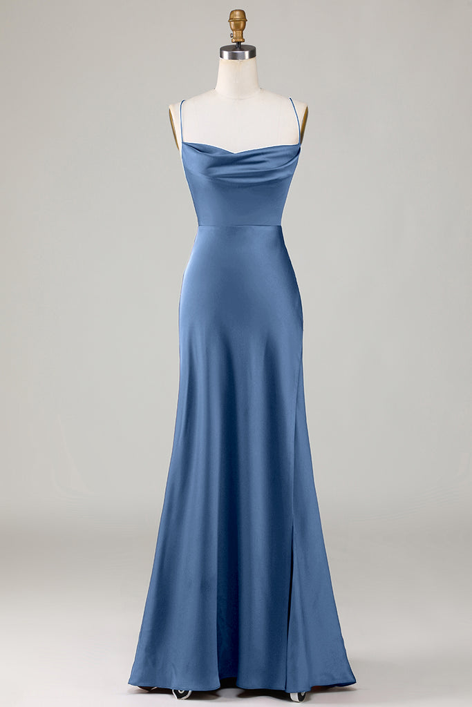 Spaghetti Straps Zipper Back Velvet Bridesmaid Dress With Slit