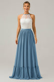 A-Line Halter Pleated Keyhole Chiffon Bridesmaid Dress With Lace