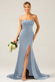 Dark Green Sheath Spaghetti Straps Pleated Long Bridesmaid Dress With Slit