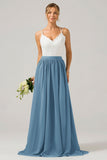 A-Line Spaghetti Straps Pleated Long Bridesmaid Dress With Lace