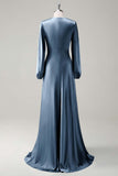 Agave A-Line Round Neck Satin Long Bridesmaid Dress with Long Sleeves