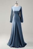 Agave A-Line Round Neck Satin Long Bridesmaid Dress with Long Sleeves