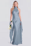 Halter Pink Mermaid Satin Backless Bridesmaid Dress