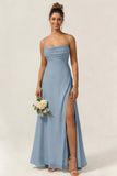 Green Flower A Line Spaghetti Straps Chiffon Long Bridesmaid Dress with Slit
