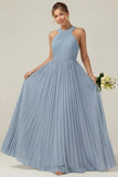 Dusty Sage A Line Halter Pleated Long Bridesmaid Dress