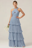 Lilac Halter Keyhole A Line Tiered Ruffle Pleated Bridesmaid Dress