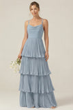 Dusty Sage Cowl Neck A Line Tiered Pleated Long Bridesmaid Dress
