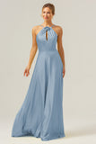 A Line Halter Ruched Satin Open Back Long Bridesmaid Dress with Flower