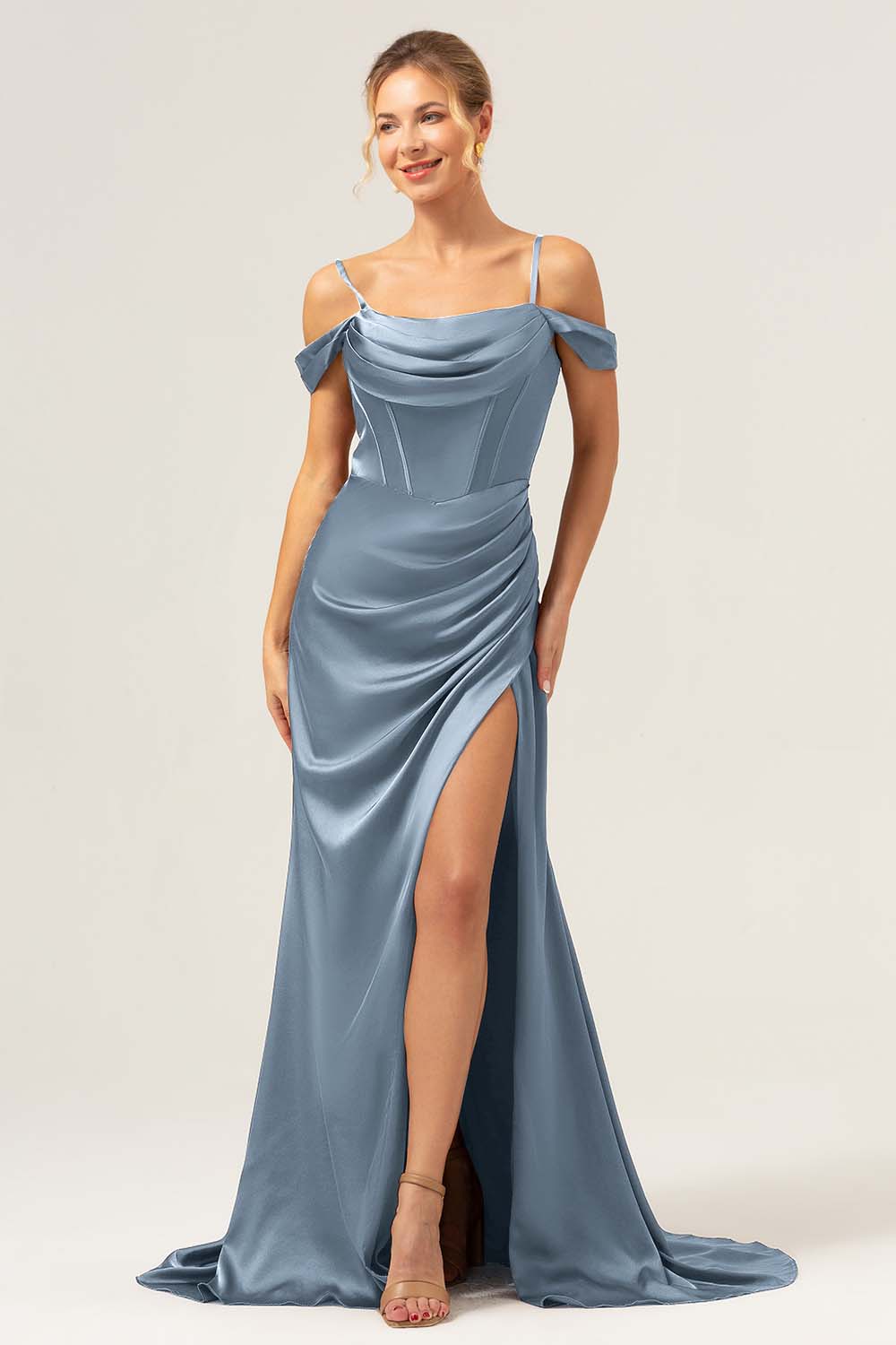 Wedtrend Women Dark Navy Long Satin Bridesmaid Dress with Slit Mermaid Cold Shoulder Ruched Corset Formal Dress WEDTREND Wedtrend Women Dark Navy Long Satin Bridesmaid Dress with Slit Mermaid Cold Shoulder Ruched Corset Formal Dress WEDTREND