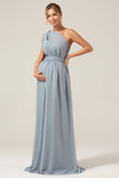 A Line Chiffon Convertible Dusty Blue Long Maternity Bridesmaid Dress