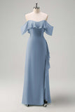 Light Green Sheath Off The Shoulder Chiffon Long Bridesmaid Dress with Ruffle Slit