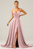 Royal Blue A Line V Neck Pleated Satin Bridesmaid Dress with Slit