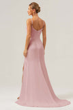 Black Sheath Spaghetti Straps Ruched Long Satin Bridesmaid Dress with Slit