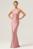 Champagne Sheath Halter Backless Long Satin Bridesmaid Dress with Slit