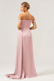 Stylish Dark Green Mermaid Off The Shoulder Pleated Satin Long Bridesmaid Dress with Slit