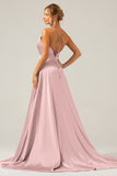 Royal Blue A Line V Neck Pleated Satin Bridesmaid Dress with Slit