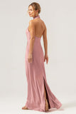 Champagne Sheath Halter Backless Long Satin Bridesmaid Dress with Slit