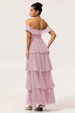 Eucalyptus A-Line Off The Shoulder Tiered Ruched Chiffon Long Bridesmaid Dress
