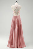 Grey Green A-Line Spaghetti Straps Pleated Long Bridesmaid Dress With Lace Up Back