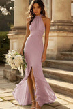 Dusty Sage Mermaid Halter Ruched Long Bridesmaid Dress With Slit