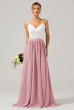 A-Line Spaghetti Straps Pleated Long Bridesmaid Dress With Lace