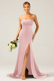 Dark Green Sheath Spaghetti Straps Pleated Long Bridesmaid Dress With Slit