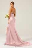 Dark Green Sheath Spaghetti Straps Pleated Long Bridesmaid Dress With Slit
