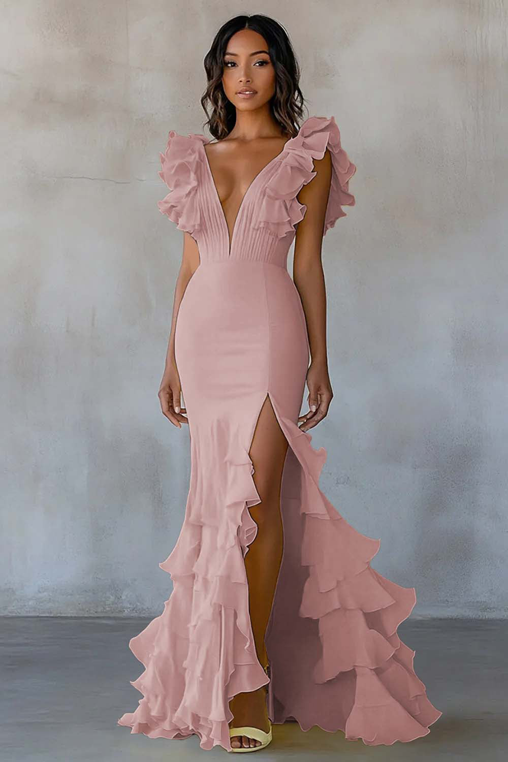 WEDTREND Women Daffodil Formal Dress With Slit Mermaid V Neck Ruffle Long Wedding Party Dress WEDTREND Women Daffodil Formal Dress With Slit Mermaid V Neck Ruffle Long Wedding Party Dress