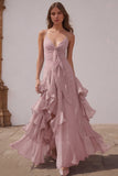 Dusty Blue Spaghetti Straps Chiffon A-Line Ruffled Bridesmaid Dress