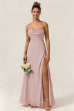 Green Flower A Line Spaghetti Straps Chiffon Long Bridesmaid Dress with Slit