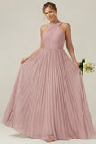 Dusty Sage A Line Halter Pleated Long Bridesmaid Dress