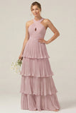 Lilac Halter Keyhole A Line Tiered Ruffle Pleated Bridesmaid Dress