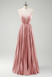 Grey Green A-Line Spaghetti Straps Pleated Long Bridesmaid Dress With Lace Up Back