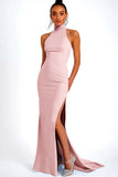 Halter Black Mermaid Long Formal Dress With Slit