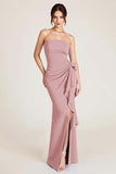 Dusty Sage Strapless Mermaid Ruched Wedding Guest Dress with Slit