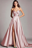 Strapless Satin A Line Long Formal Dress With Slit