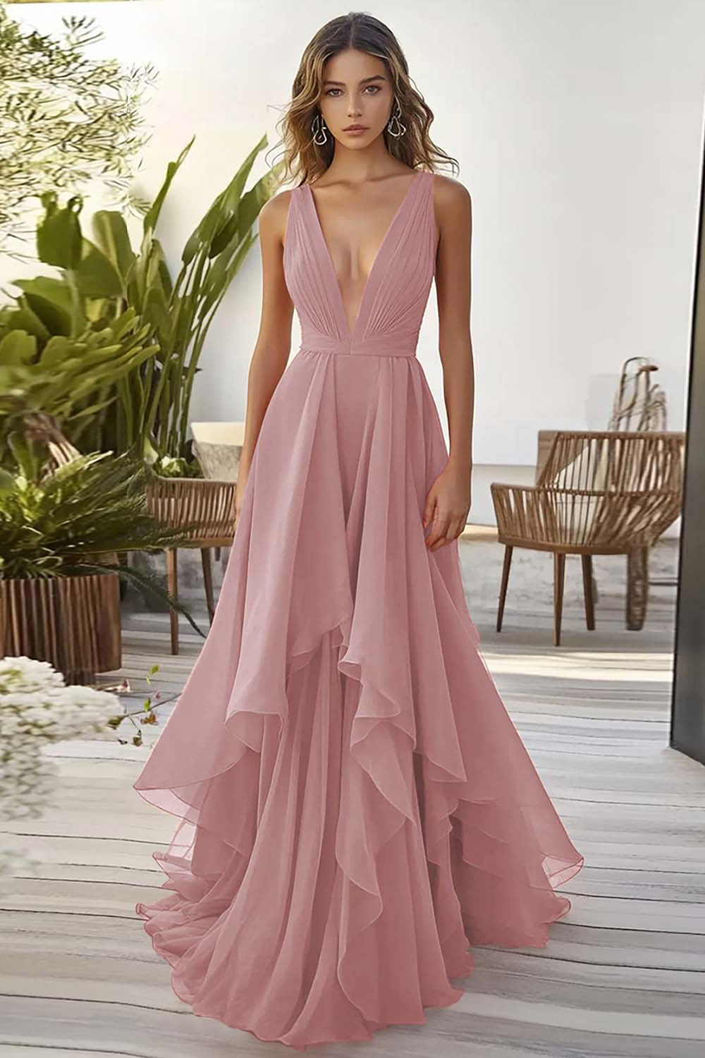 WEDTREND Women Dusty Sage Formal Dress With Ruffles V Neck A Line Long Wedding Guest Dress WEDTREND Women Dusty Sage Formal Dress With Ruffles V Neck A Line Long Wedding Guest Dress