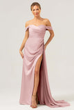 Stylish Dark Green Mermaid Off The Shoulder Pleated Satin Long Bridesmaid Dress with Slit