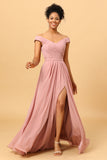 A Line Off the Shoulder Ruched Long Chiffon Bridesmaid Dress with Slit