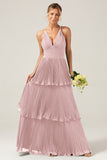 Dusty Rose A-Line Halter Tiered Floor Length Chiffon Long Bridesmaid Dress