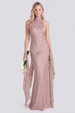 Halter Pink Mermaid Satin Backless Bridesmaid Dress