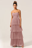 A-Line Sweetheart Floor Length Tiered Chiffon Bridesmaid Dress