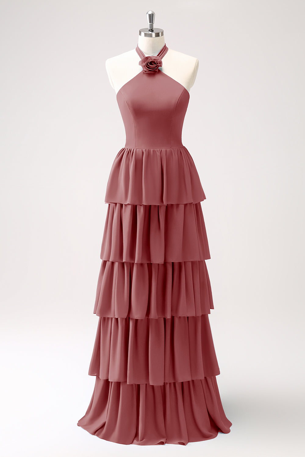Wedtrend Women Dark Green Bridesmaid Dress with Flower A Line Halter Tiered Chiffon Long Wedding Party Guest Dress, Dusty Rose Wedtrend Women Dark Green Bridesmaid Dress with Flower A Line Halter Tiered Chiffon Long Wedding Party Guest Dress, Dusty Rose