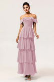 Eucalyptus A-Line Off The Shoulder Tiered Ruched Chiffon Long Bridesmaid Dress