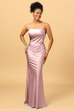 Mermaid Strapless Floor Length Satin Bridesmaid Dress with Open Back