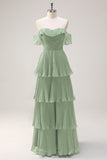 Eucalyptus A-Line Off The Shoulder Tiered Pleated Floor Length Bridesmaid Dress