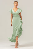 A Line V Neck Asymmetrical Olive Bridesmaid Dress with Ruffle Slit