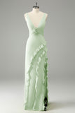 Lime Sheath V Neck Floral Open Back Bridesmaid Dress with Ruffle Slit