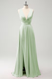 Burgundy A Line Deep V Neck Backless Long Bridesmaid Dress with Slit