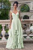 Pine A Line Spaghetti Straps Chiffon Long Asymmetrical Bridesmaid Dress with Ruffles